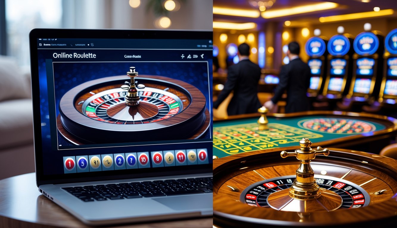 Gambar yang memperlihatkan perbandingan antara permainan roulette online di layar komputer dan roulette di kasino fisik dengan meja roulette dan pemain.