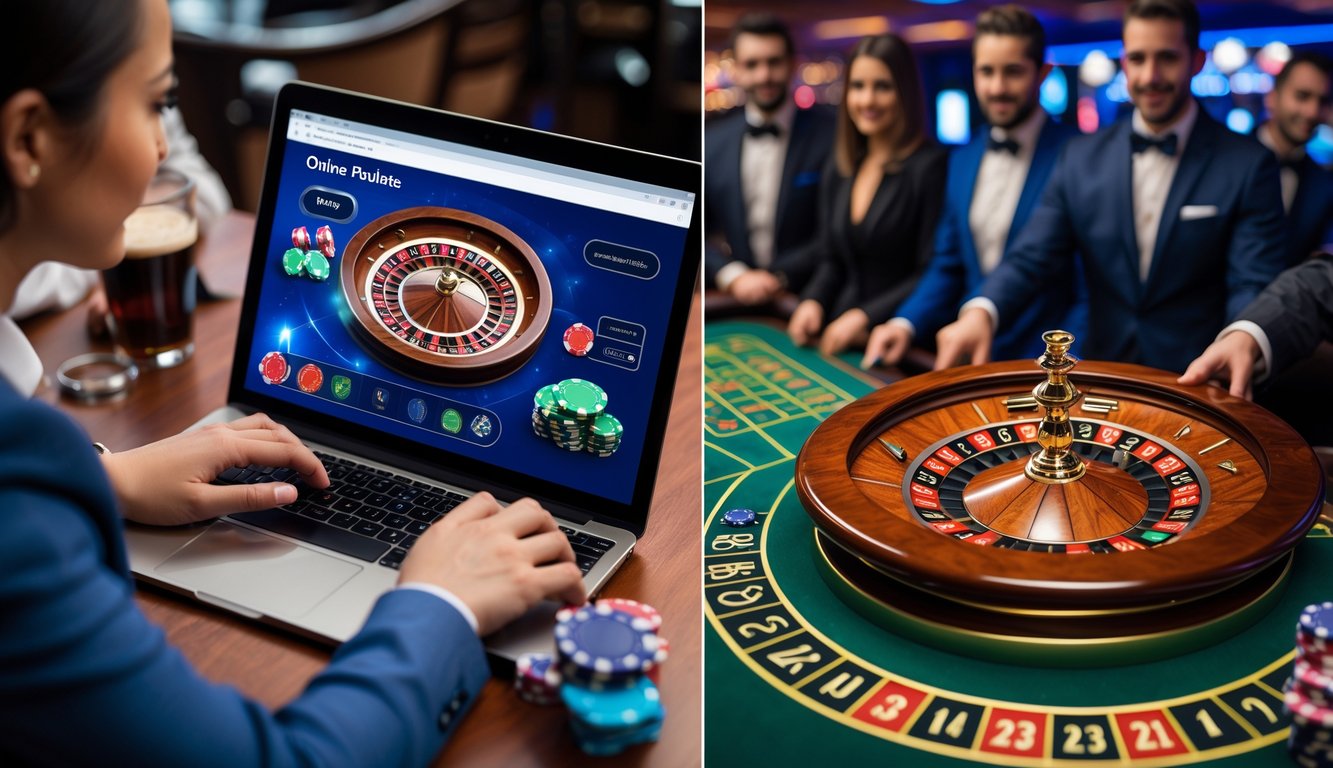 Sebuah gambar yang menunjukkan perbandingan antara bermain roulette online di laptop dan roulette langsung di kasino dengan dealer dan pemain.
