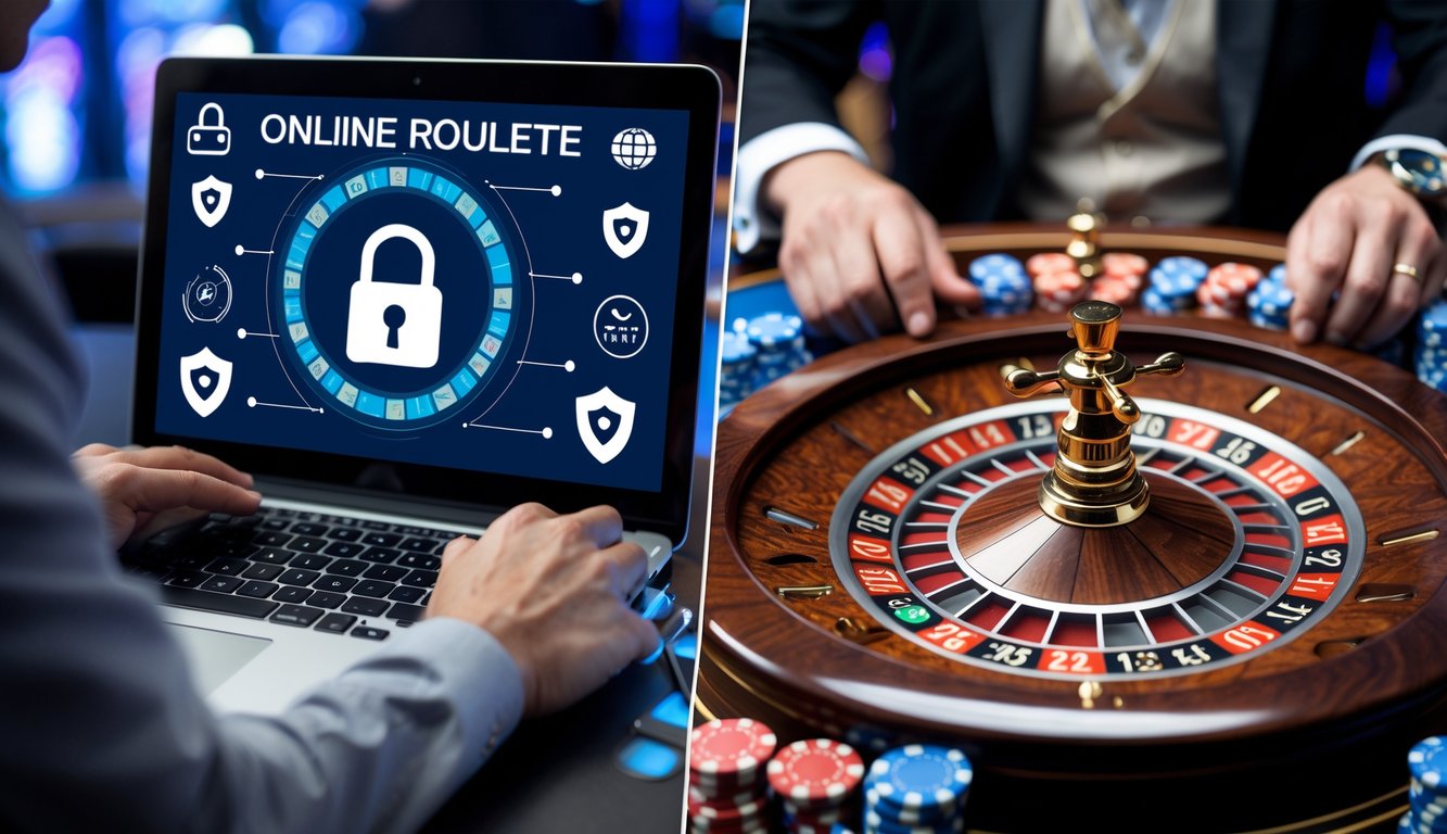 Seseorang bermain roulette online di laptop di sebelah kiri dan dealer kasino langsung memutar roda roulette di sebelah kanan.