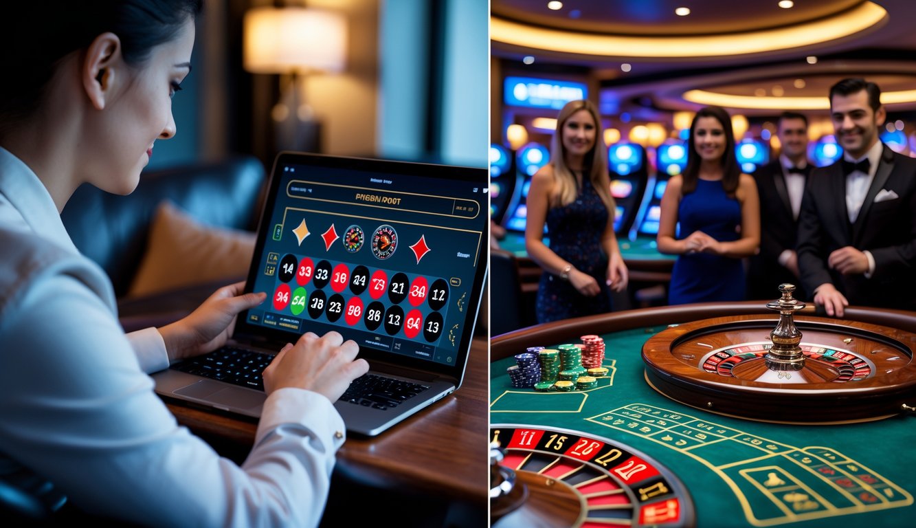 Perbandingan pengalaman bermain roulette secara online di rumah dan di kasino darat dengan meja roulette dan pemain.