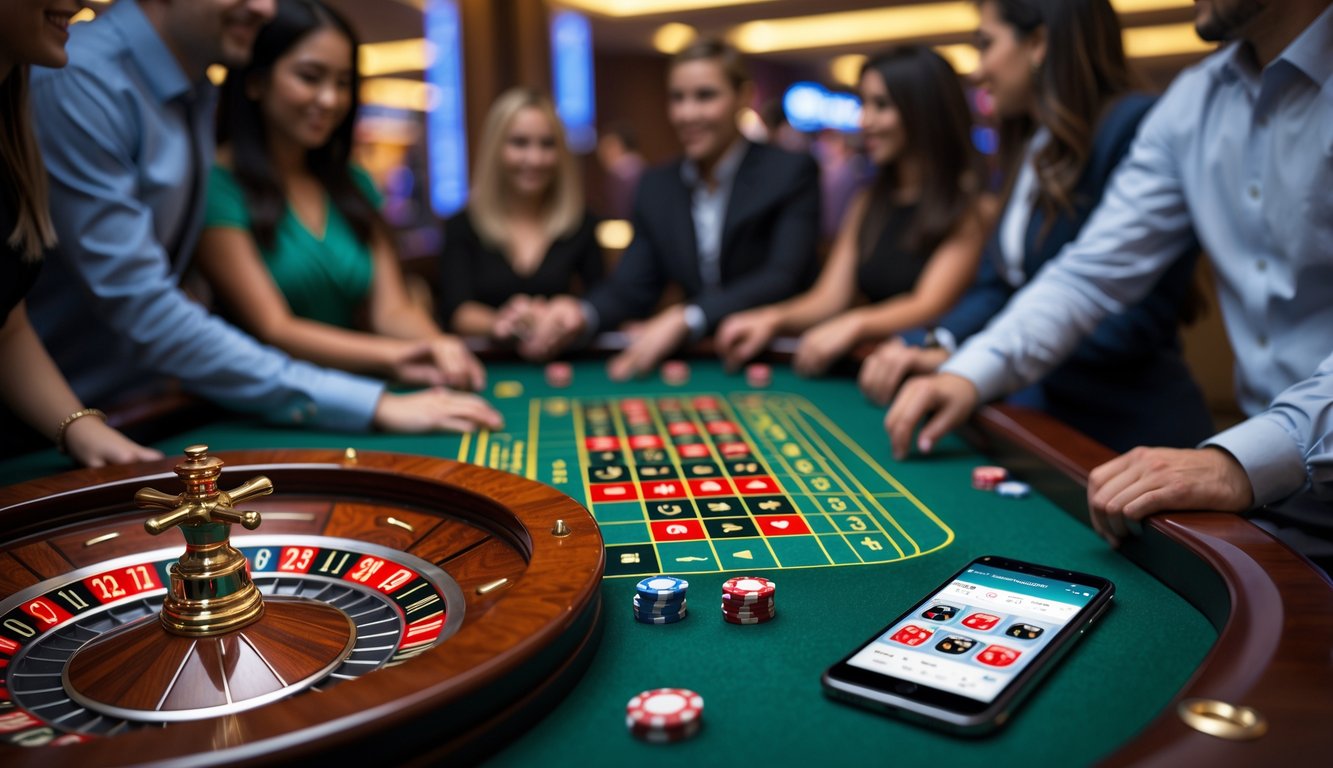 Meja roulette di kasino dengan roda roulette berputar dan pemain yang fokus, serta perangkat digital menampilkan permainan roulette online di atas meja.