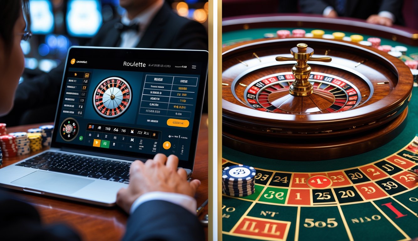 Seseorang bermain roulette online di laptop di sebelah meja roulette fisik di kasino dengan pemain dan dealer.