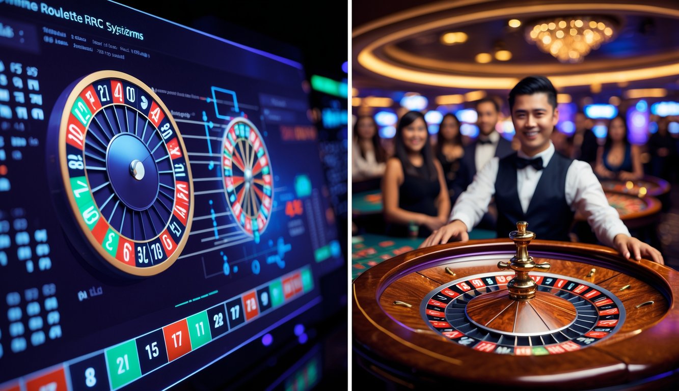 Gambar yang memperlihatkan perbedaan antara roulette online dengan sistem RNG dan putaran roulette manual di kasino, dengan sisi kiri menunjukkan roulette virtual dan sisi kanan menunjukkan dealer memutar roda roulette fisik di kasino.