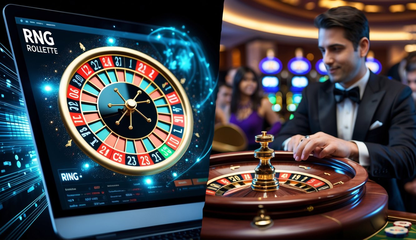 Gambaran perbandingan antara roulette online dengan sistem RNG di layar digital dan roulette manual di kasino dengan roda fisik dan dealer.