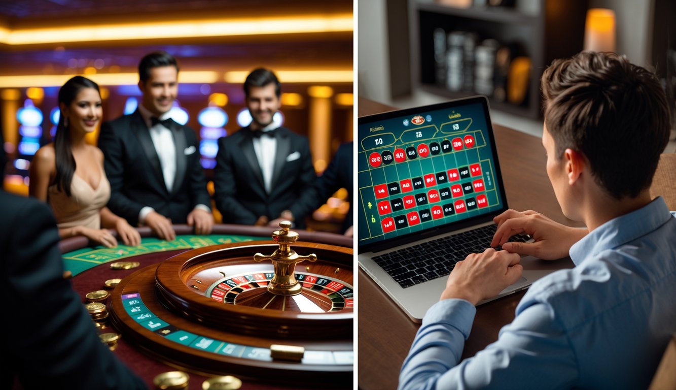 Sebuah gambar yang memperlihatkan perbedaan antara roulette di kasino langsung dengan dealer dan pemain di meja kasino, dan roulette online yang dimainkan seseorang menggunakan laptop di rumah.
