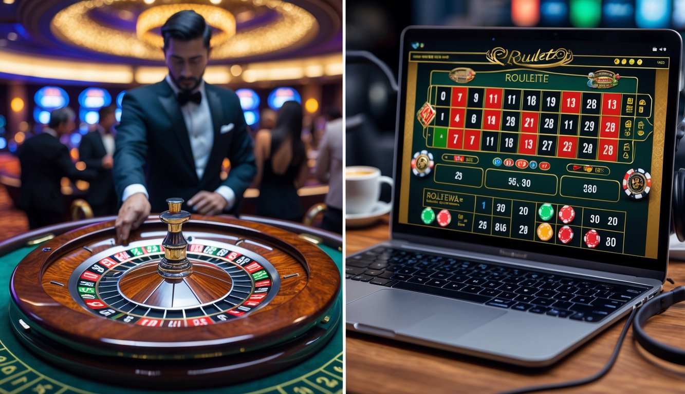 Gambaran perbandingan antara permainan roulette di kasino langsung dengan dealer dan permainan roulette online yang ditampilkan di layar perangkat digital.