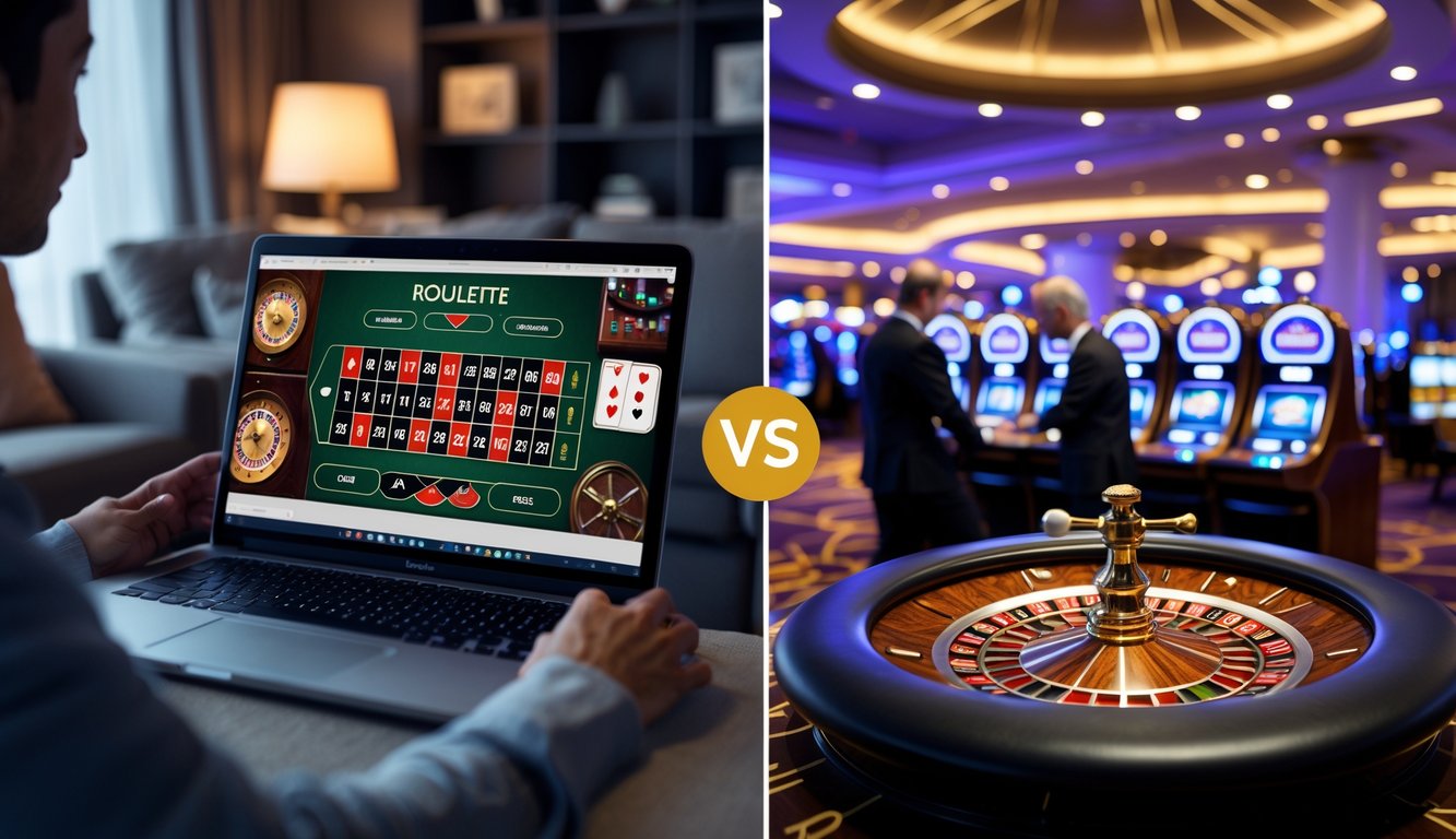 Seseorang bermain roulette online di rumah di sebelah kiri dan suasana meja roulette langsung di kasino di sebelah kanan.