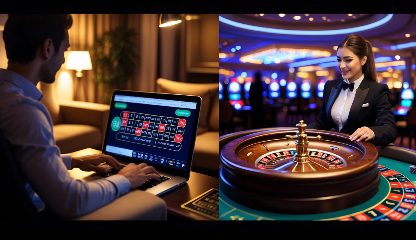 Seseorang bermain roulette online di rumah dengan laptop di sofa, dan suasana kasino langsung dengan dealer dan pemain di meja roulette.