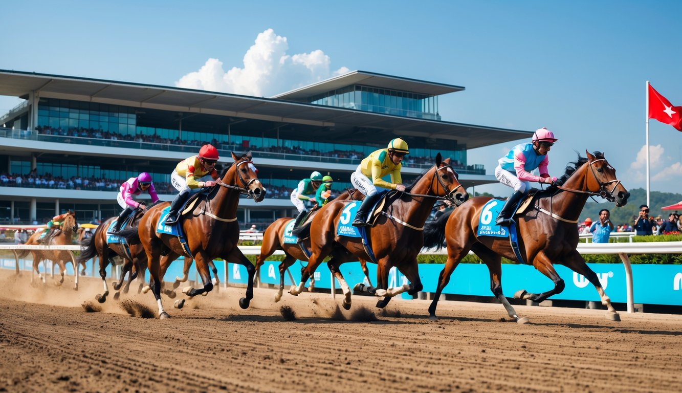 Beberapa kuda pacu dengan joki berwarna-warni berlari cepat di lintasan pacuan kuda dengan penonton di tribun belakang.