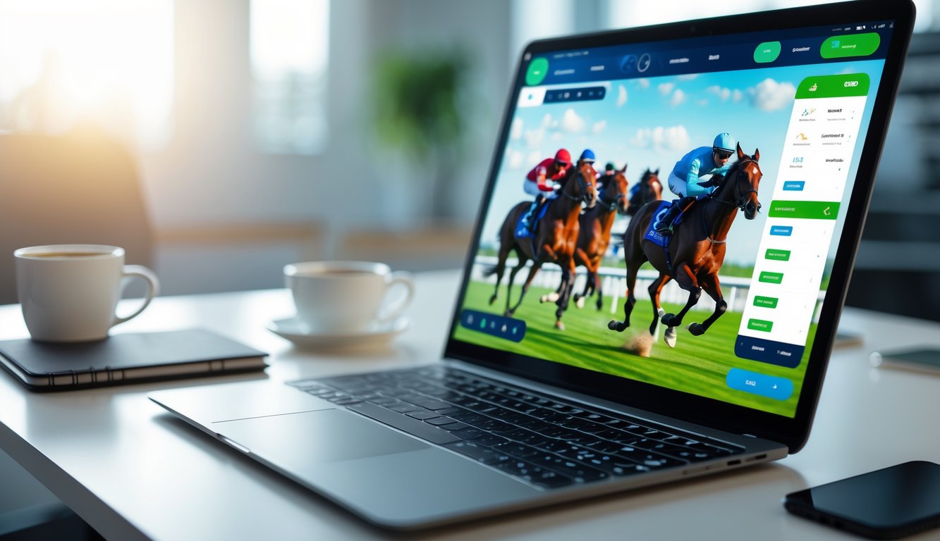 Sebuah laptop menampilkan balapan kuda digital dengan beberapa kuda berlari di lintasan, di atas meja kerja dengan latar kantor modern.