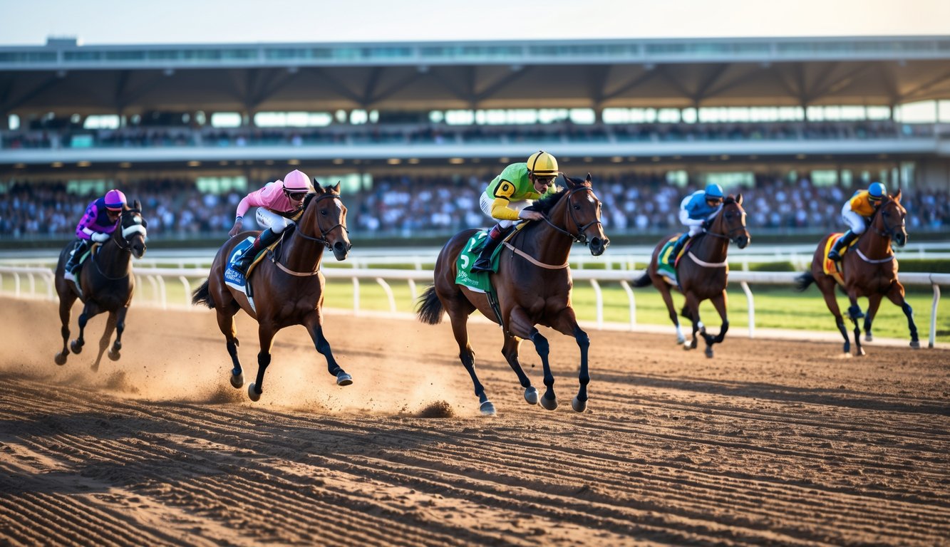 Beberapa kuda pacu dengan joki berwarna-warni sedang berlari cepat di lintasan pacuan kuda dengan tribun penonton di latar belakang.