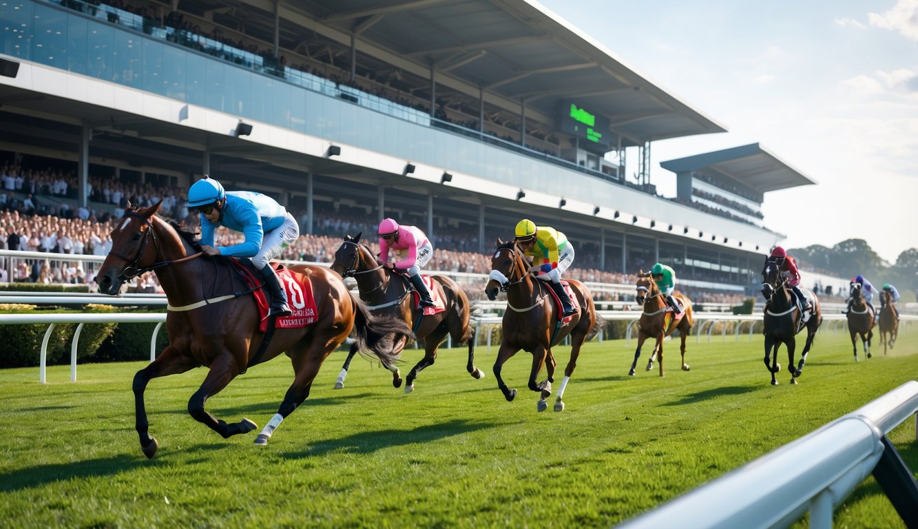 Beberapa kuda pacuan dengan joki berwarna-warni sedang berlomba di lintasan pacuan kuda resmi dengan tribun penonton di latar belakang.