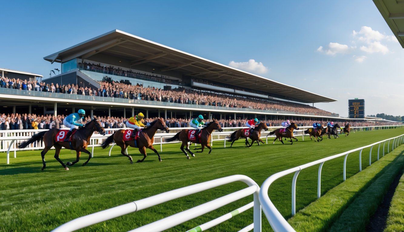 Lomba kuda internasional dengan joki mengenakan pakaian balap berwarna-warni di lintasan balap yang ramai dan penonton di tribun.