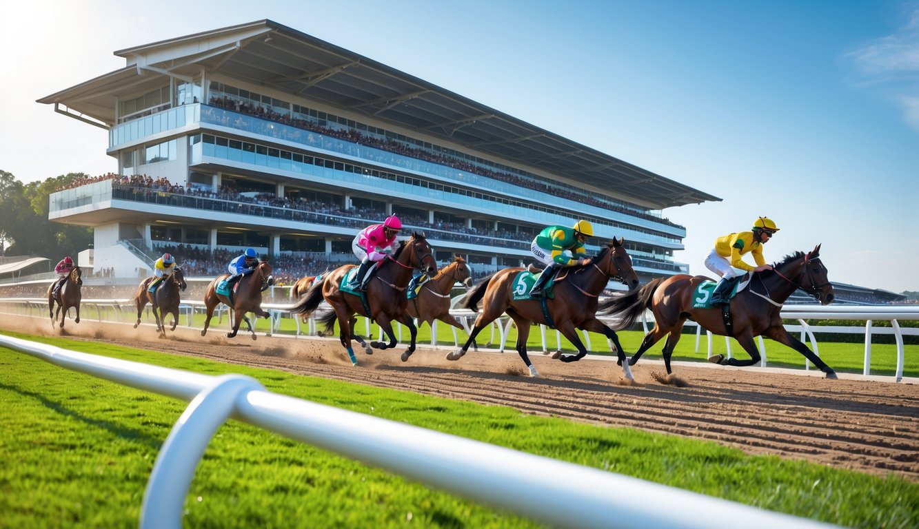 Lomba pacuan kuda internasional dengan beberapa joki menunggang kuda di lintasan dan penonton di tribun.