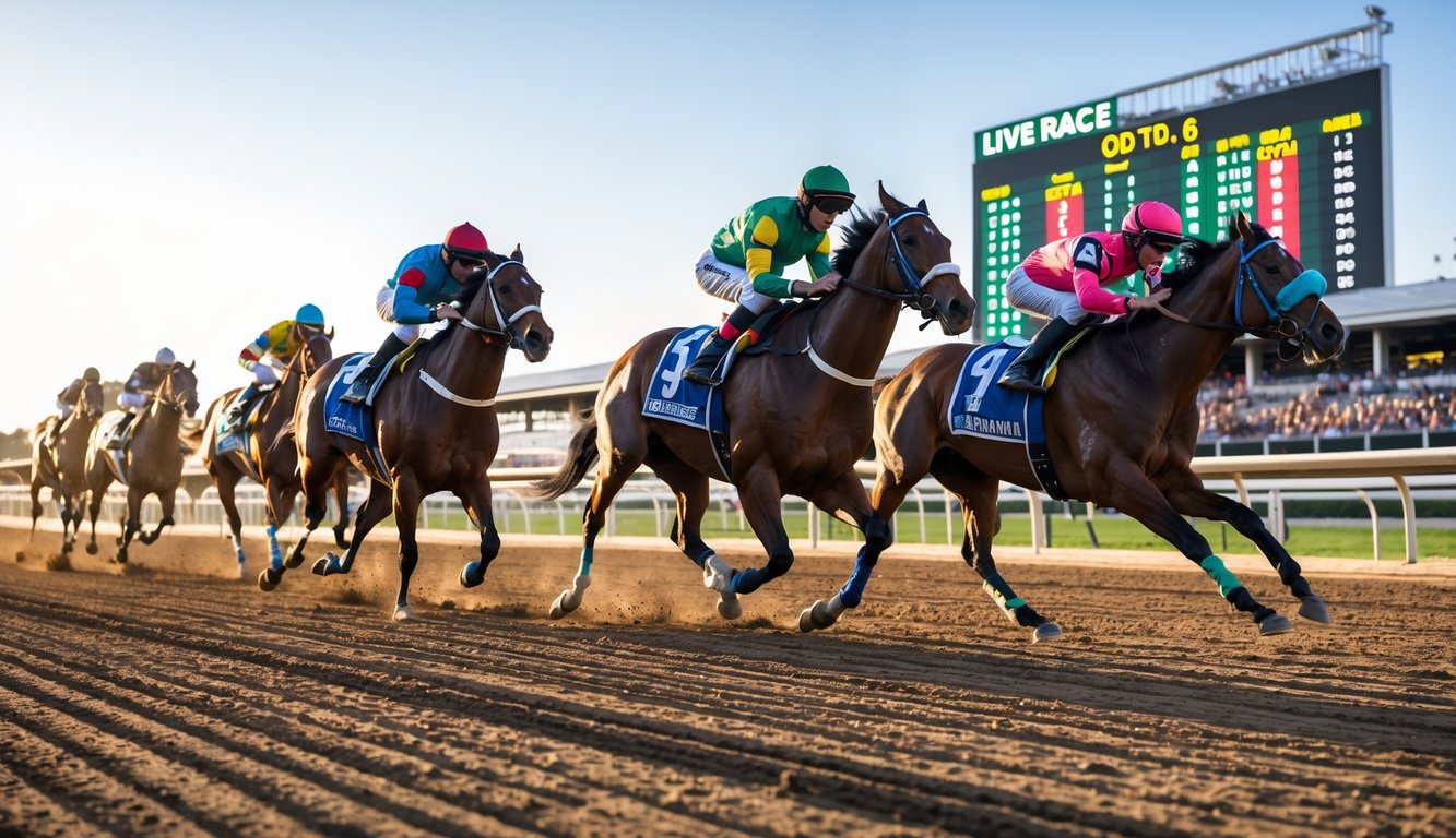 Beberapa kuda pacuan dengan joki berwarna-warni sedang berlari di lintasan balap dengan penonton dan papan skor elektronik di latar belakang.