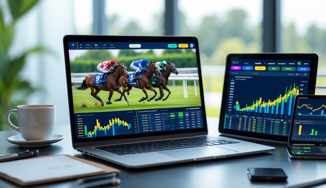 Seorang profesional menggunakan laptop dan perangkat digital lain yang menampilkan siaran langsung balap kuda dan statistik lengkap di ruang kerja modern.