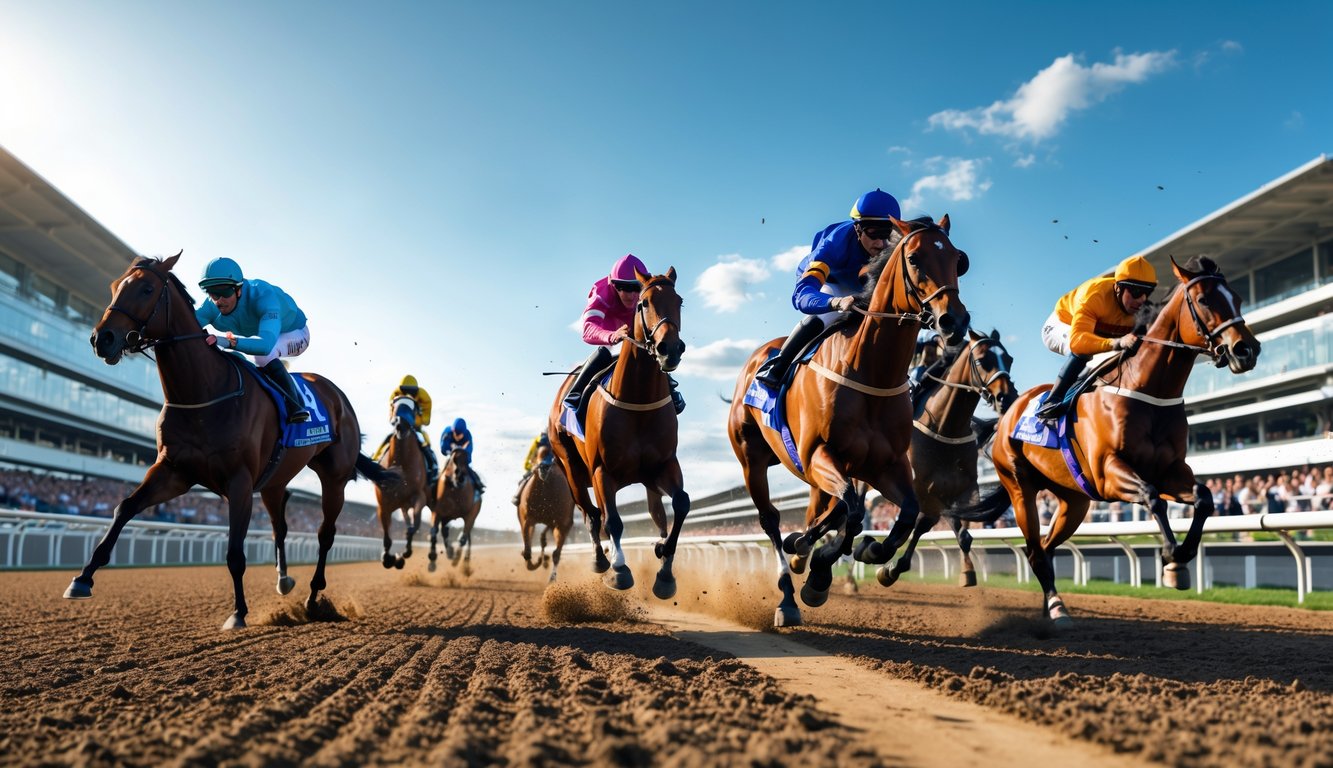 Adegan balapan kuda dengan beberapa joki mengenakan pakaian berwarna-warni berlari menuju garis finish di arena pacuan kuda yang ramai dengan penonton.