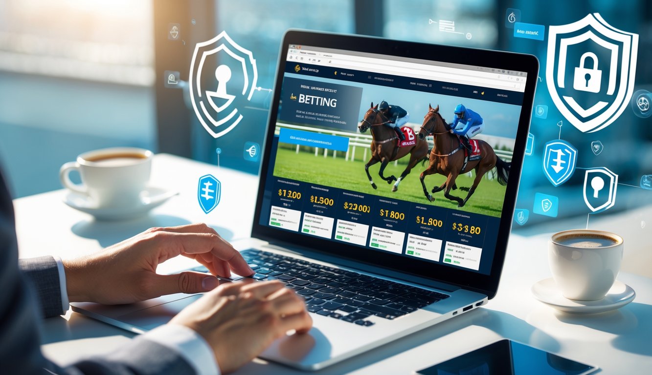 Seseorang menggunakan komputer dengan tampilan situs taruhan balap kuda yang aman dan menawarkan bonus besar di ruang kerja yang terang.