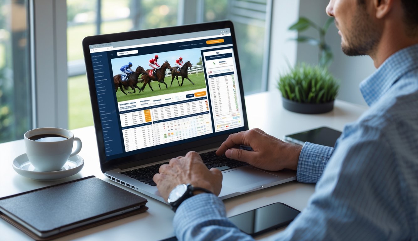 Seseorang sedang menggunakan laptop di ruang kerja modern dengan pemandangan balap kuda di layar komputer.