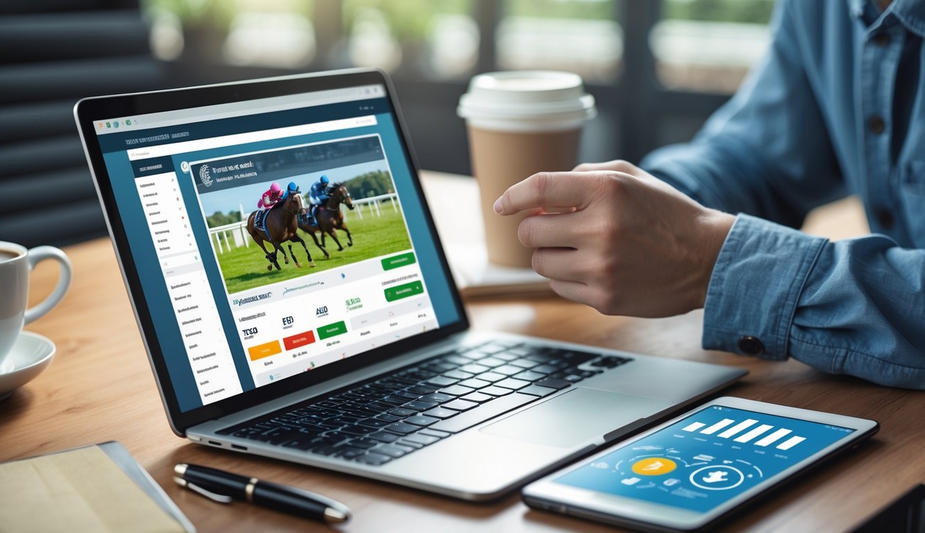 Seorang pria sedang menganalisis data balap kuda online di laptop dan tablet di meja kerja dengan suasana fokus dan profesional.