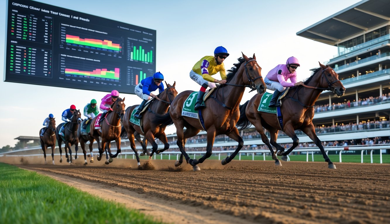 Tujuh kuda pacu dengan joki berwarna-warni berlari cepat di lintasan balap dengan layar digital menampilkan data analisis di latar belakang dan penonton menyaksikan perlombaan.