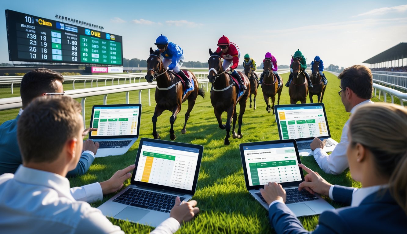 Beberapa orang sedang memperhatikan layar digital dan perangkat elektronik sambil menyaksikan kuda-kuda balap melaju di lintasan balap.