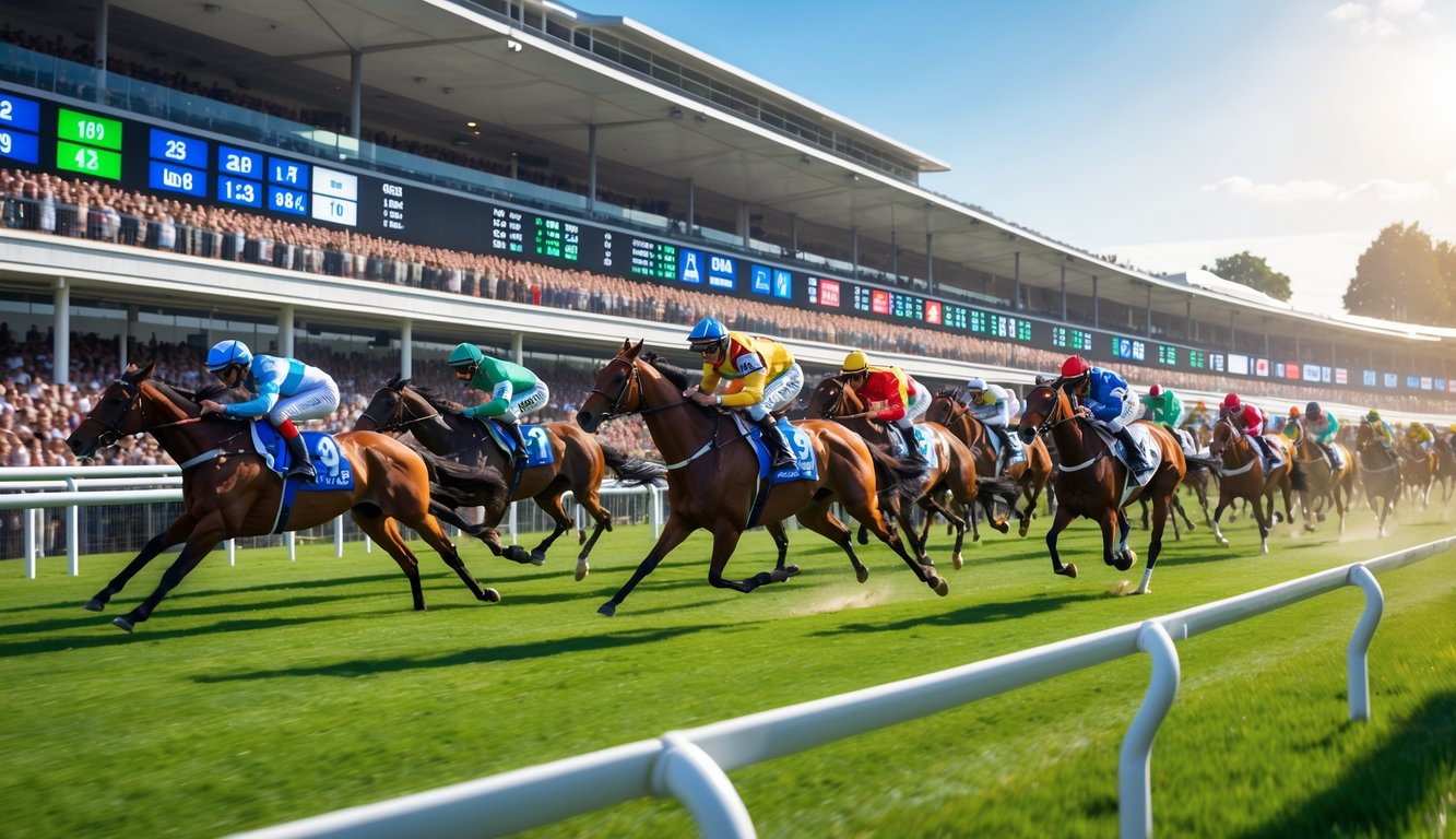 Lomba kuda pacu internasional dengan joki mengenakan pakaian berwarna-warni di lintasan hijau dan penonton di tribun besar.