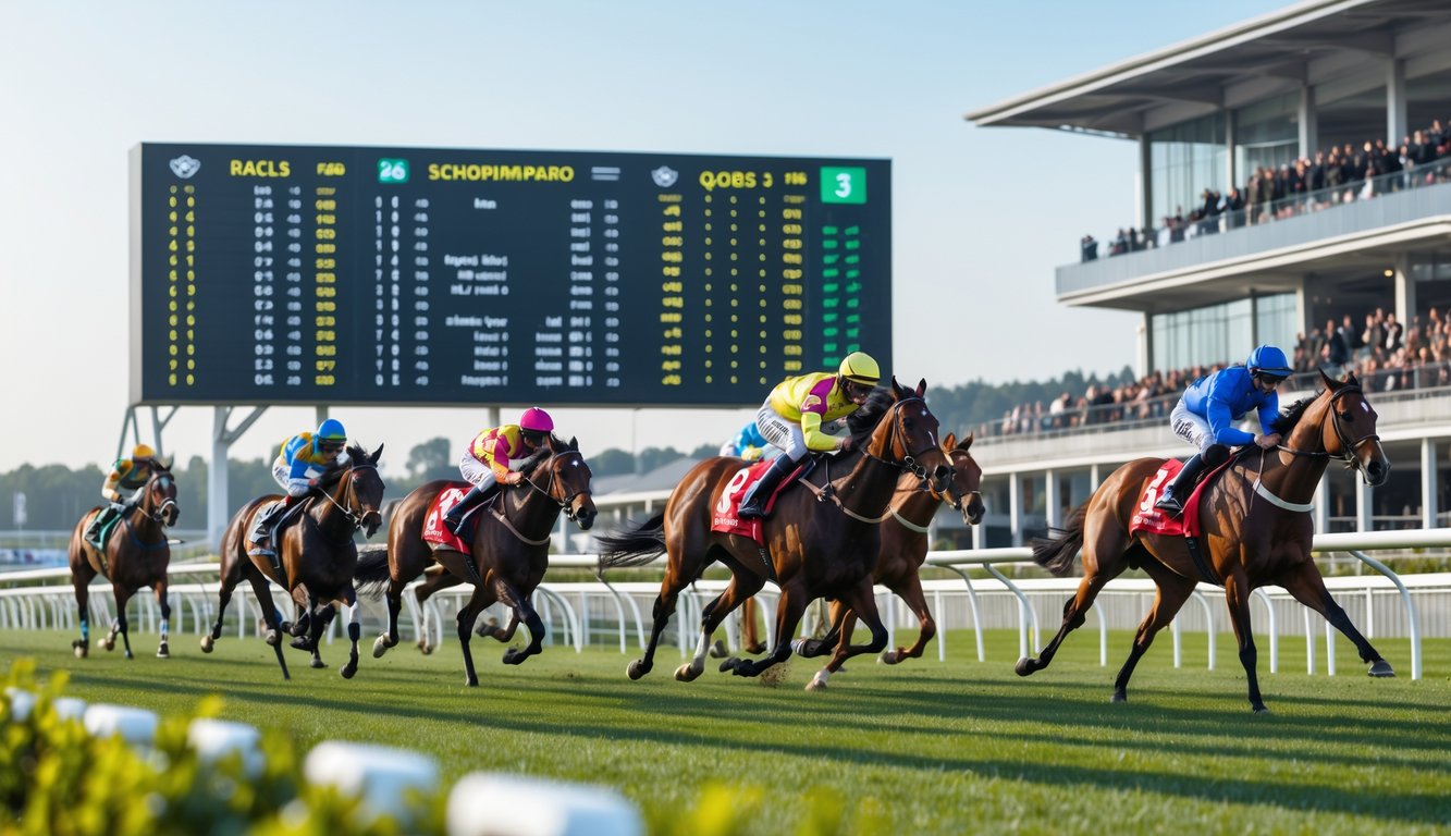 Beberapa kuda pacu berlari cepat dengan joki di lintasan balap kuda yang modern, penonton menyaksikan dari tribun dan papan skor digital menampilkan informasi balapan.