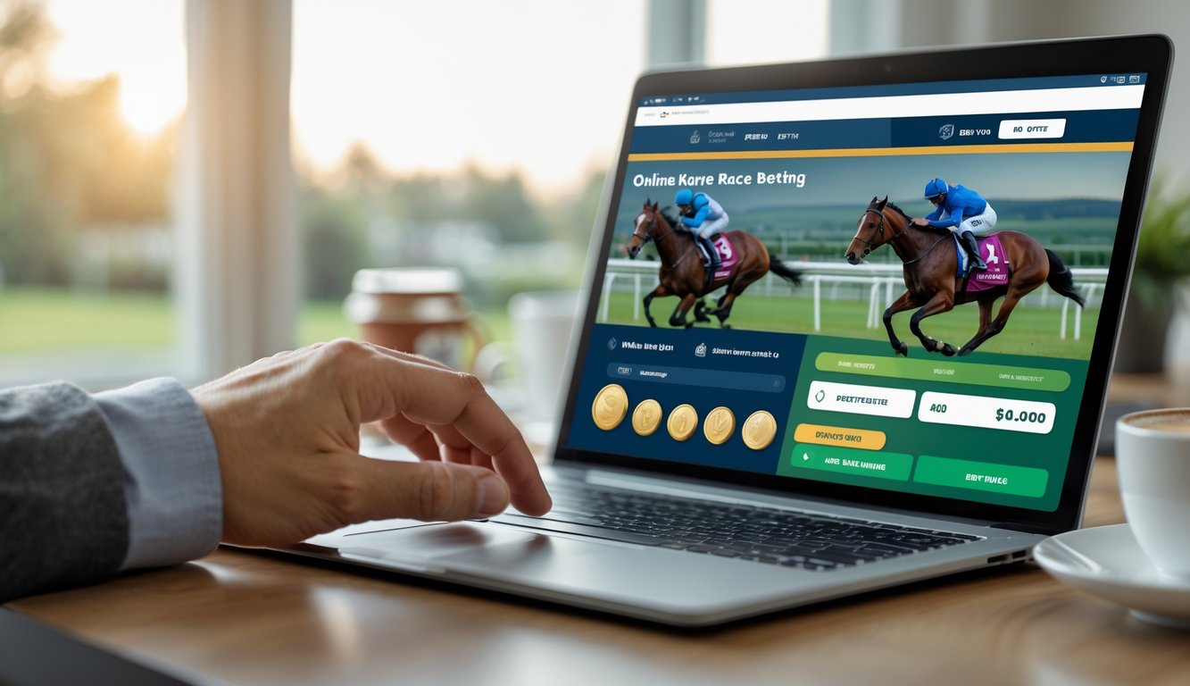 Seseorang menggunakan perangkat digital untuk memasang taruhan balap kuda secara online di lingkungan yang nyaman.