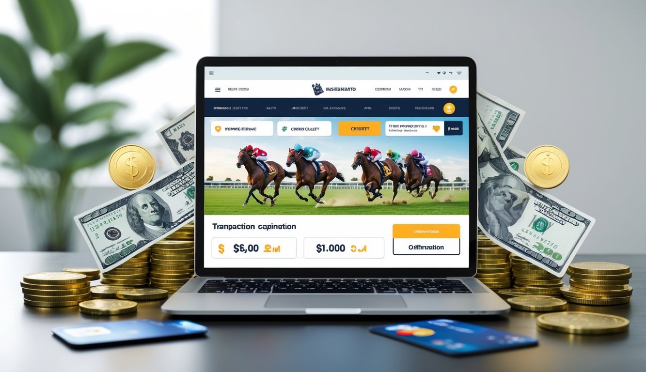 Seseorang menggunakan laptop dengan tampilan situs balap kuda online, dikelilingi oleh simbol transaksi keuangan seperti uang dan ikon pembayaran digital.