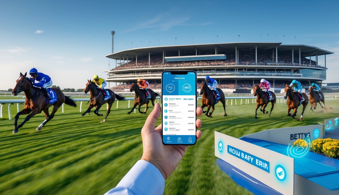 Lomba kuda di lintasan balap dengan penonton dan seseorang memegang ponsel yang menampilkan aplikasi taruhan yang aman dan cepat.