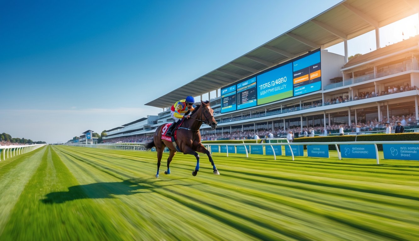Seorang joki menunggang kuda pacu yang sedang berlari cepat di lintasan balap dengan tribun penuh penonton di latar belakang.