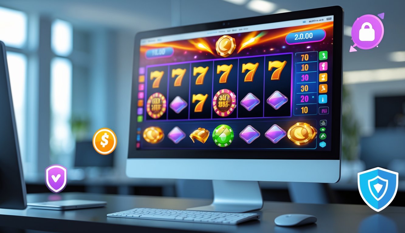 Sebuah layar komputer menampilkan permainan mesin slot dengan simbol warna-warni dan indikator jackpot di lingkungan kantor modern yang terang dan profesional.