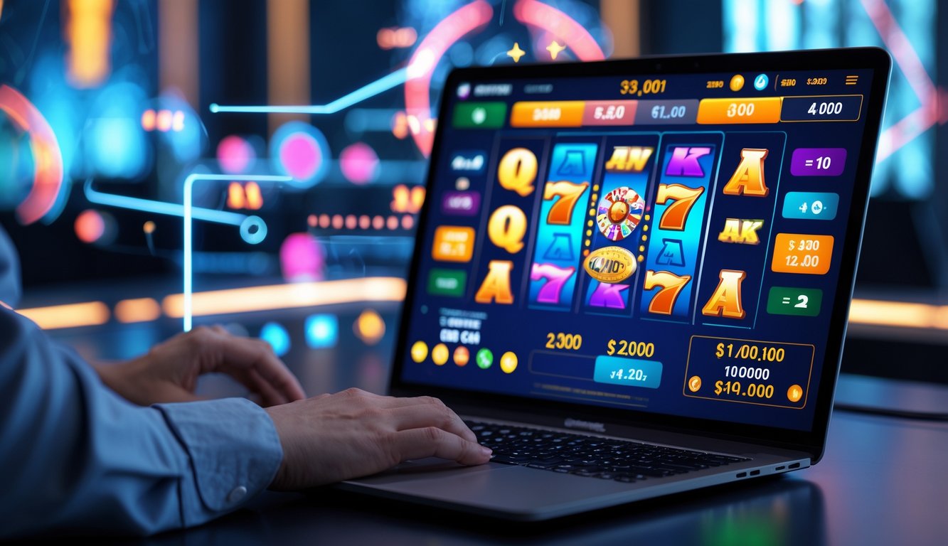Seorang pengguna sedang berinteraksi dengan laptop yang menampilkan permainan slot online dengan simbol warna-warni dan indikator jackpot besar di ruang kerja modern.