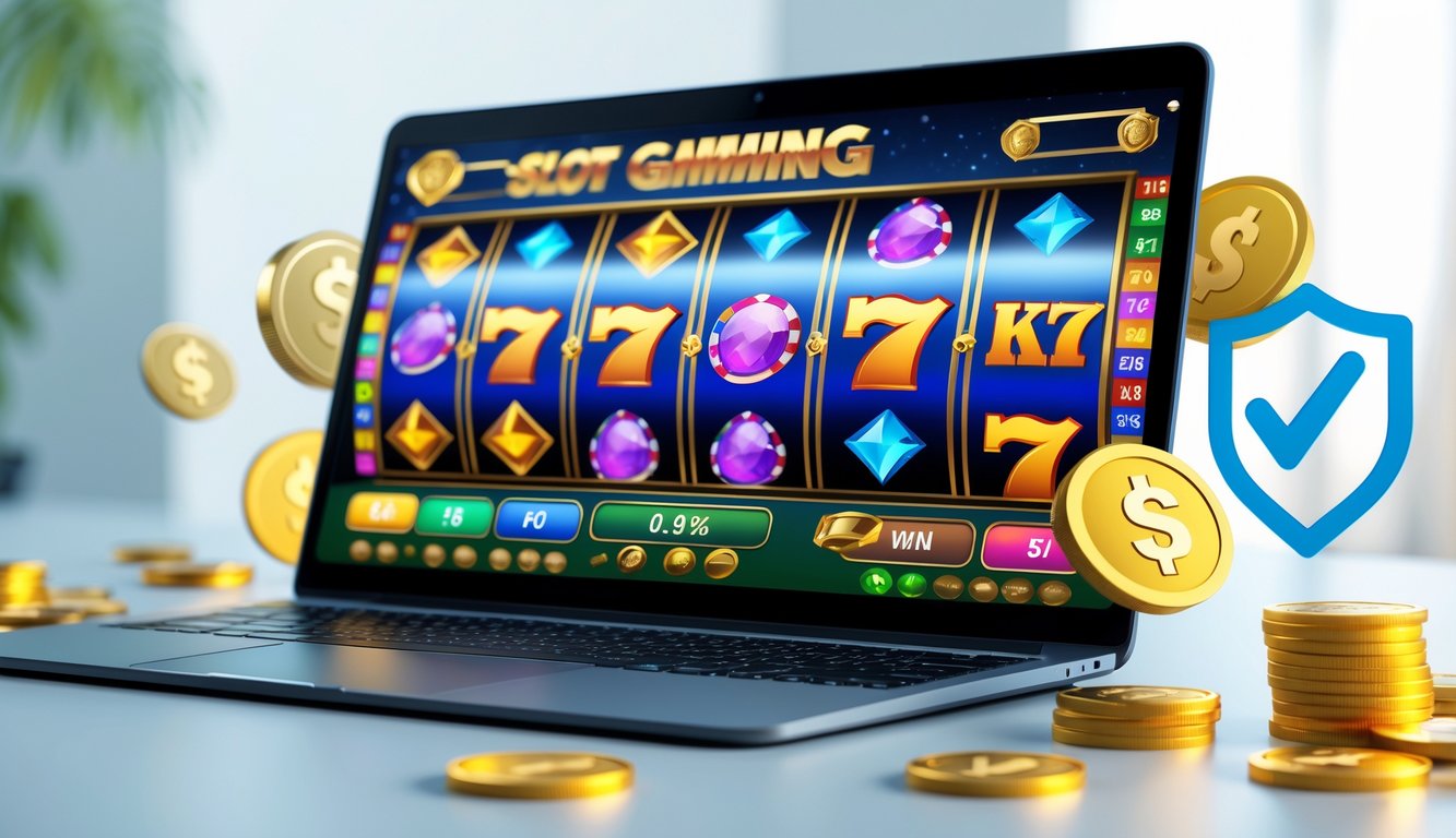 Seorang pengguna duduk di depan komputer dengan tampilan permainan slot online yang berwarna-warni, dikelilingi ikon keamanan dan koin digital.