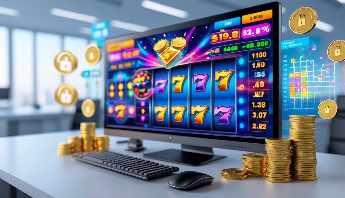 Sebuah meja kerja dengan monitor menampilkan permainan slot online berwarna cerah dan koin emas di sekitarnya.