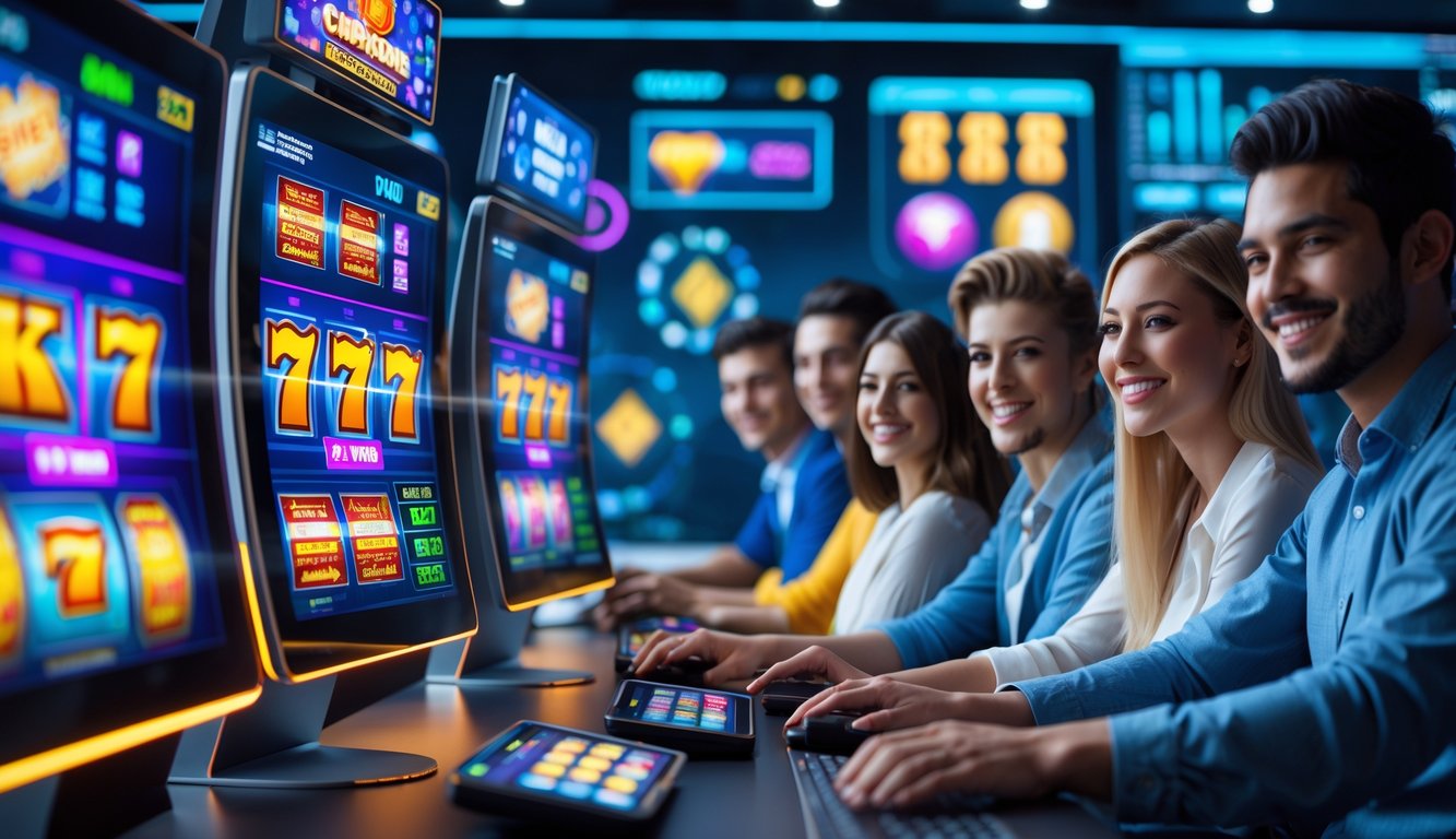 Beberapa orang muda sedang bermain permainan slot online di komputer dengan suasana yang ceria dan profesional.