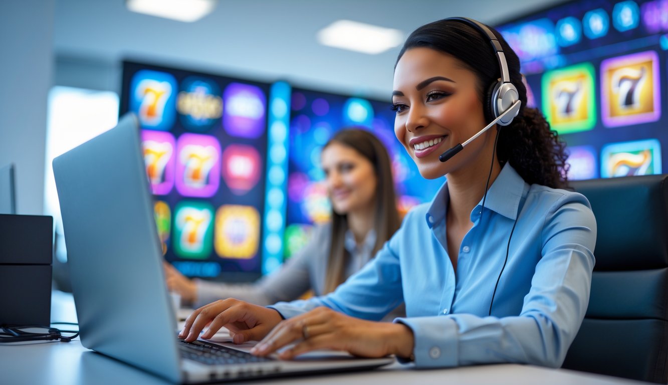 Seorang perwakilan layanan pelanggan yang tersenyum dengan headset sedang membantu pemain melalui laptop di ruang kantor yang terang dan modern.