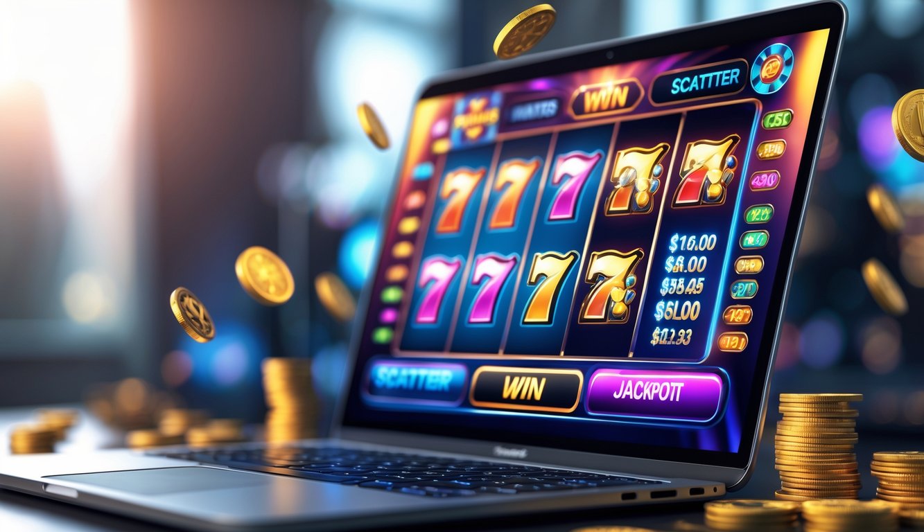 Layar komputer menampilkan permainan mesin slot online dengan simbol jackpot dan scatter, dikelilingi koin digital dan suasana yang menarik.