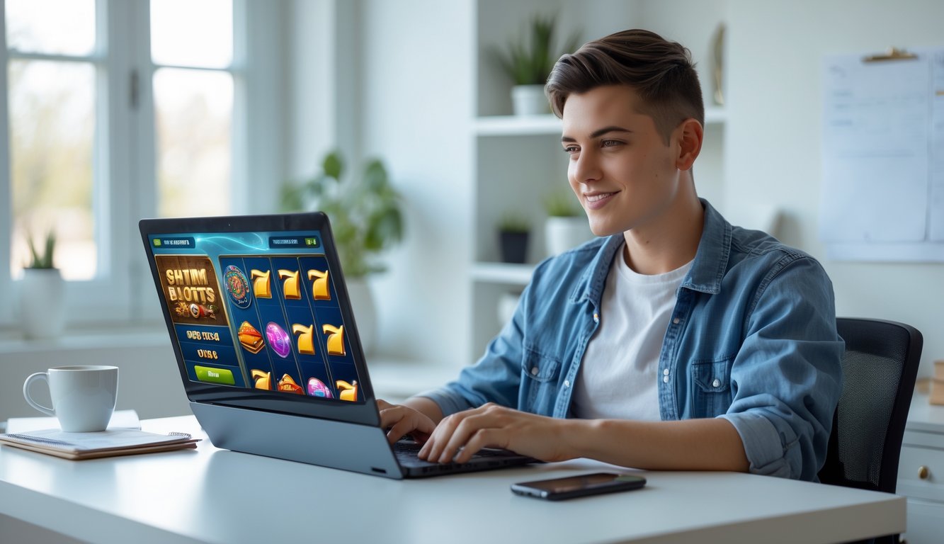 Seseorang muda duduk di meja dengan laptop yang menampilkan permainan slot online, di ruang kerja rumah yang terang dan rapi.