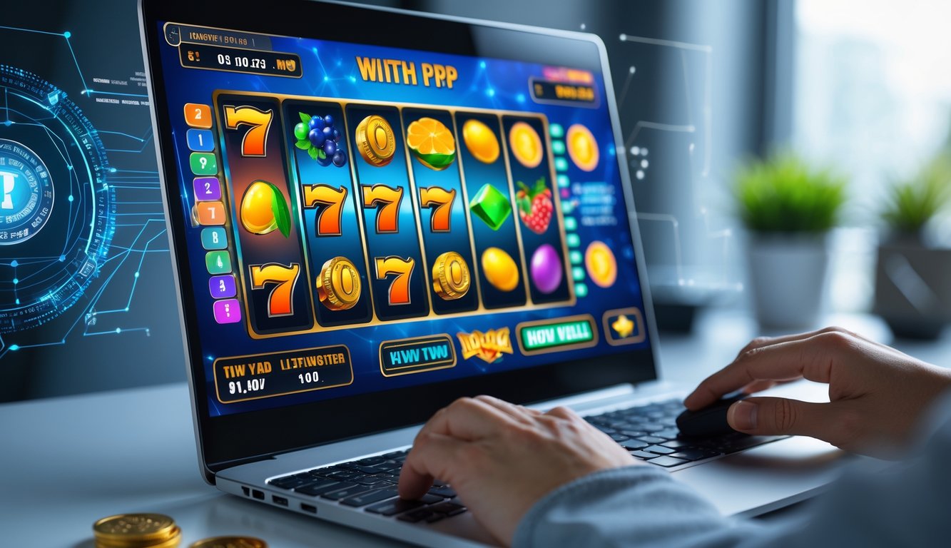 Layar komputer menampilkan permainan mesin slot online dengan simbol warna-warni dan seseorang menggunakan mouse di meja kerja yang rapi.
