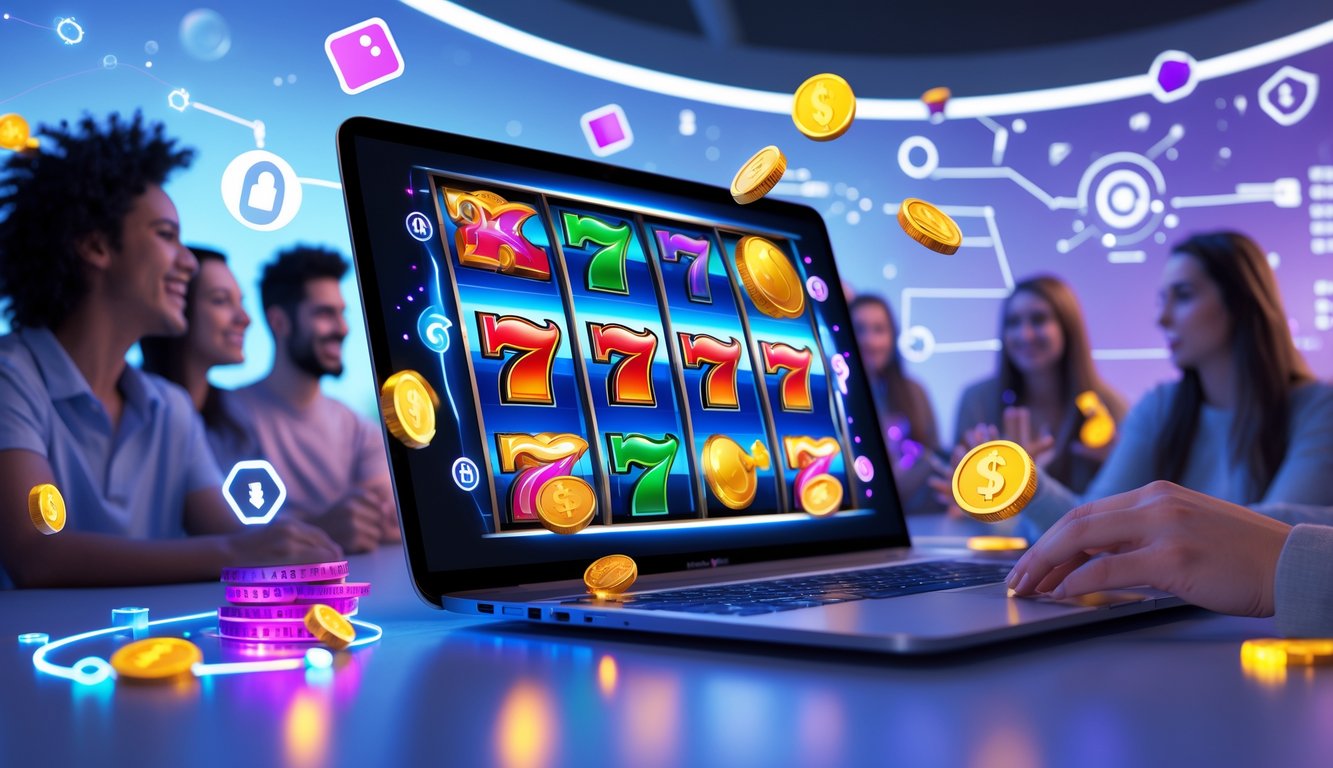 Orang-orang sedang menikmati permainan slot online di depan komputer dengan tampilan mesin slot berwarna-warni di layar.