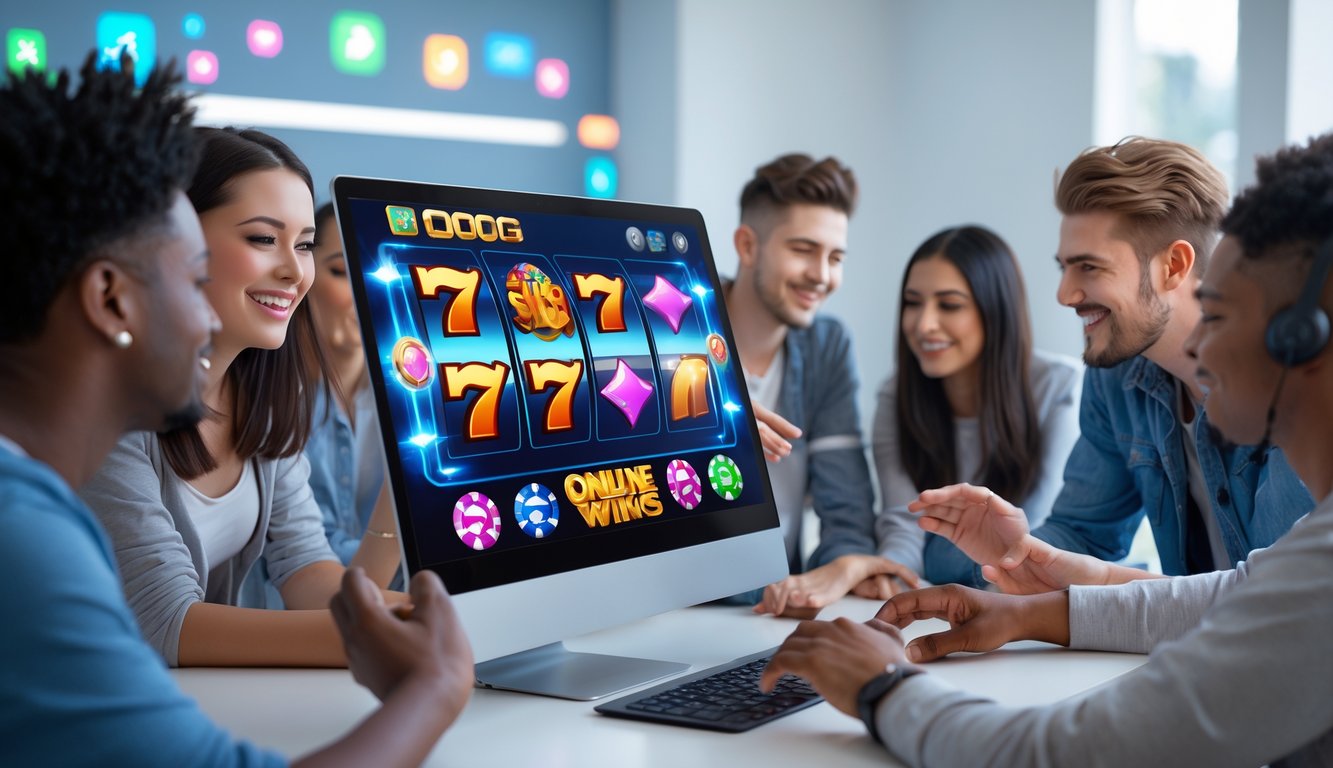 Beberapa orang muda sedang bermain permainan slot online di komputer di dalam ruangan yang terang dan modern.