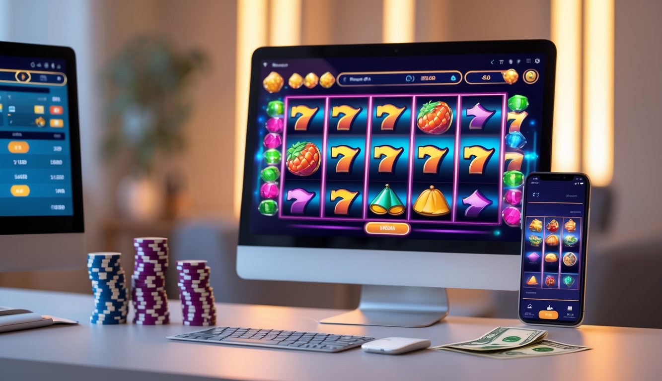 Sebuah laptop dan ponsel menampilkan permainan slot online dengan latar ruang kerja yang nyaman dan tumpukan chip poker di dekatnya.