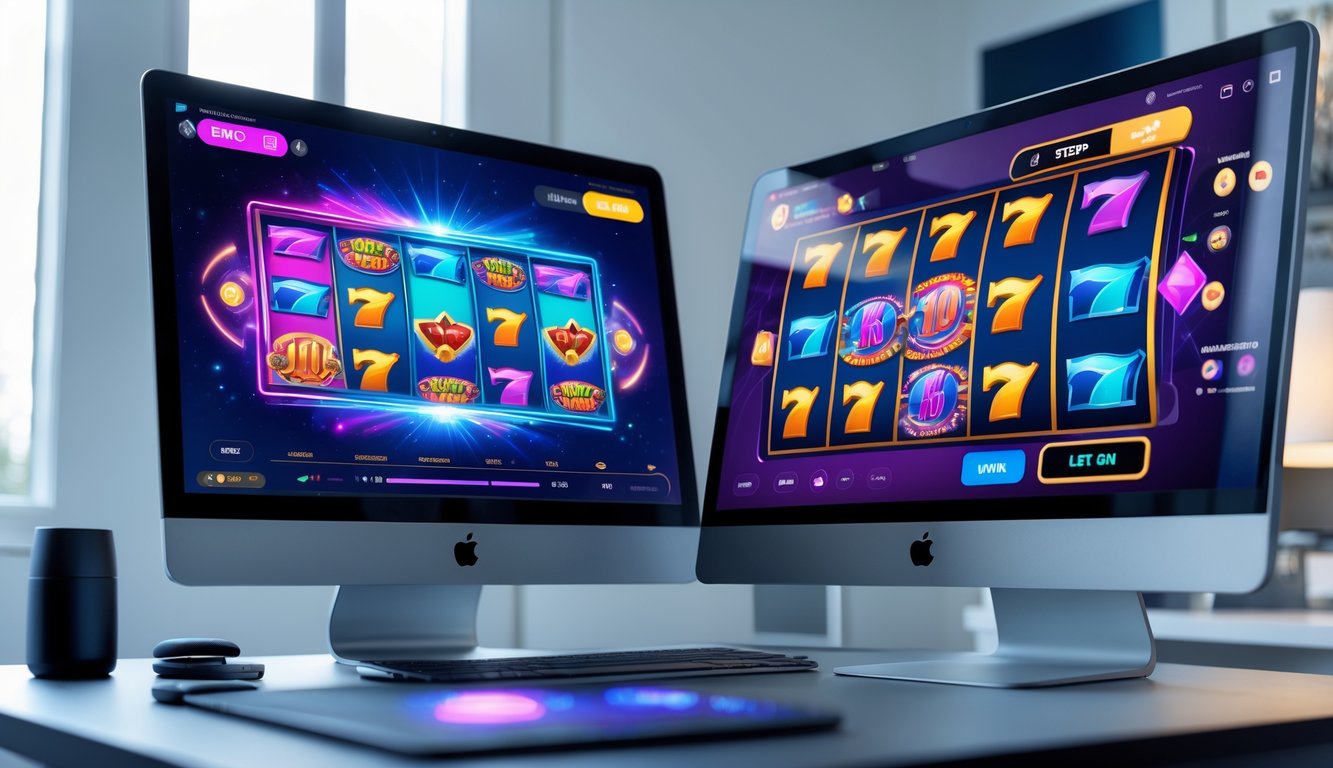 Seseorang sedang bermain game slot online di komputer dan ponsel di ruang kerja modern.