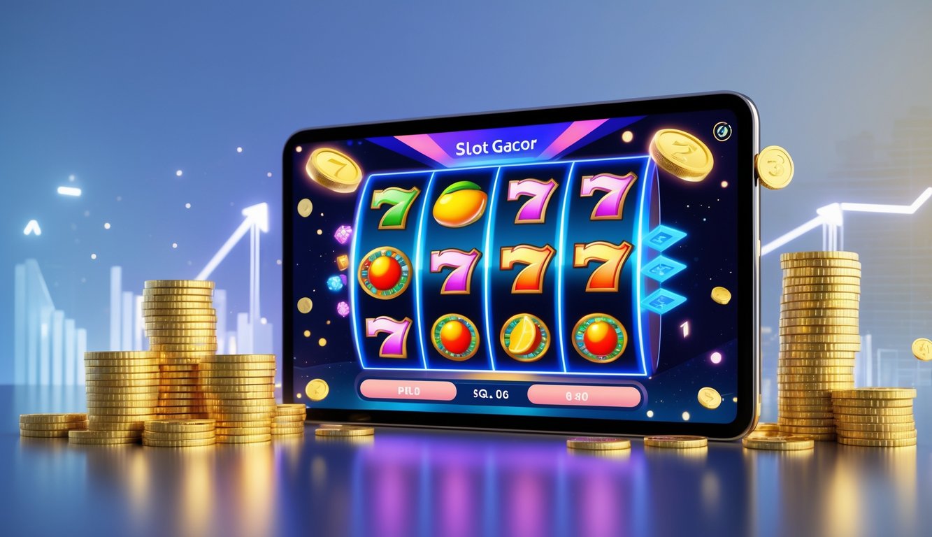 Layar perangkat digital menampilkan mesin slot online dengan simbol berwarna cerah dan efek kemenangan di latar belakang futuristik.