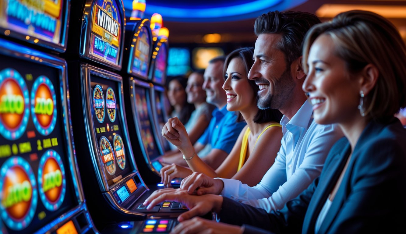 Orang-orang bermain mesin slot yang menyala di kasino modern pada malam hari.