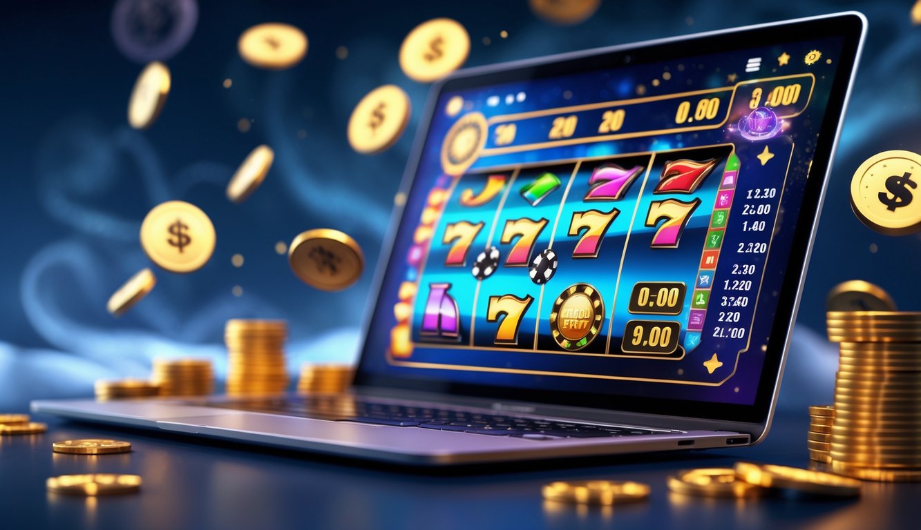 Layar komputer menampilkan permainan slot online dengan koin emas dan chip poker di sekitar, suasana malam yang dinamis.