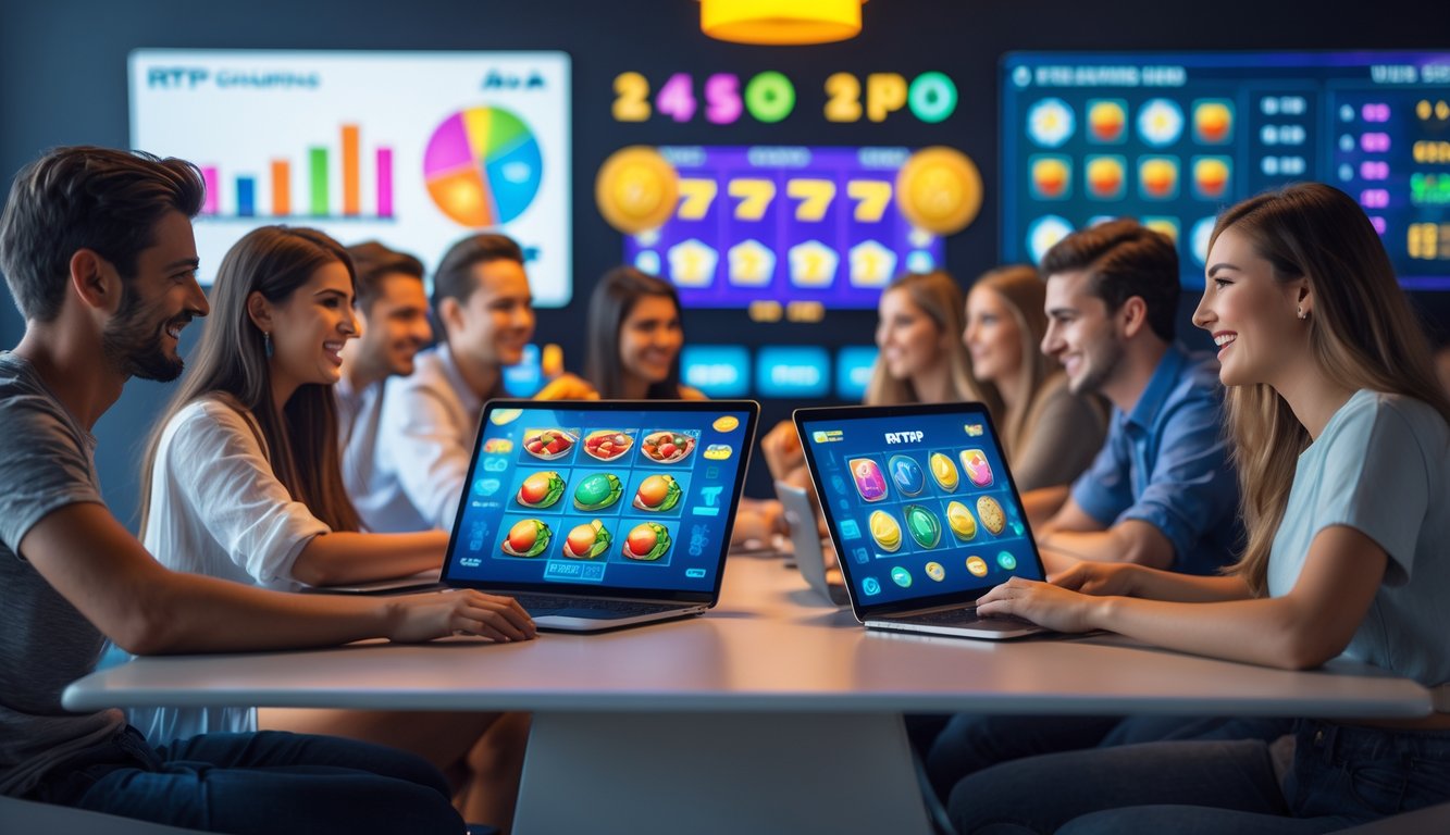 Sekelompok orang muda sedang bermain game slot di perangkat digital di ruang yang terang dan ramah.