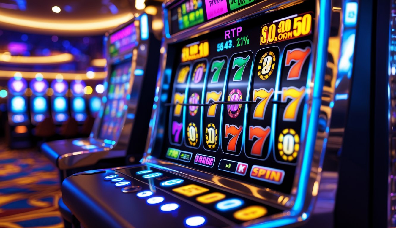 Mesin slot modern dengan gulungan berwarna-warni yang berputar di dalam kasino yang terang dan ramai.